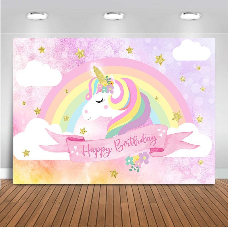Mocsicka Unicorn Theme Birthday Party Decoration, Pink Cotton Backdrop with Rainbow Clouds, 7x5ft - Image 1